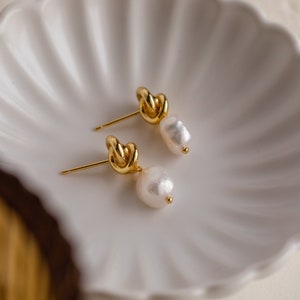 Knot Pearl Drop Earrings by Caitlyn Minimalist Perfect Bride Gift Gift for Mom Minimalist Celtic Knot Dangle Stud Earrings ER222 18K GOLD