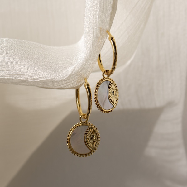 Hoop Earrings with Pearl Circle Charm by Caitlyn Minimalist • Sun Charm Dangle Earrings • Celestial Jewelry • Best Friend Gift • ER162