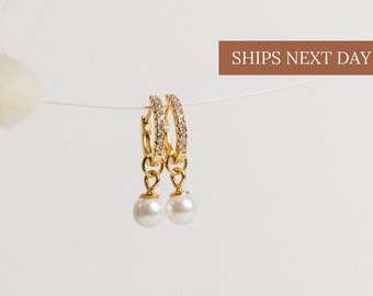 Pearl Drop Huggie Hoops by Caitlyn Minimalist • Diamond & Pearl Earrings • Pave Huggie Hoops • Bridesmaids Jewelry • Wedding Jewelry • ER026