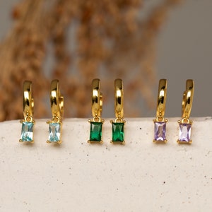 Baguette Stone Huggie Earrings by Caitlyn Minimalist • Gold Hoop Earrings with Custom Birthstone • Drop Earrings • New Mom Gift • ER339