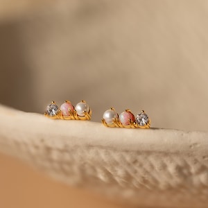 Pearl, Opal & Diamond Stud Earrings by Caitlyn Minimalist • Mixed Pearl Bar Earrings • Dainty Birthstone Jewelry • Bridesmaids Gift • ER417