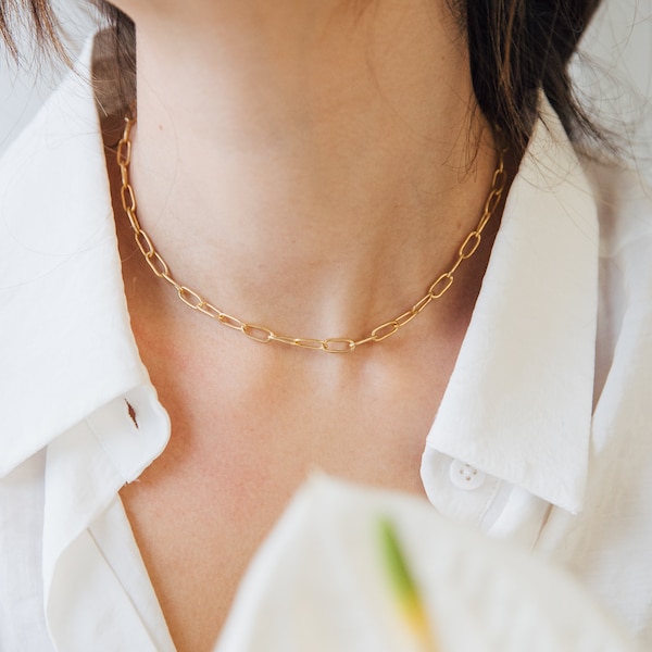 Paperclipketting met kapittelsluiting • Minimalistische ketting in sterlingzilver en 18 kt goud • Cadeaus voor vrouwen • NM67a