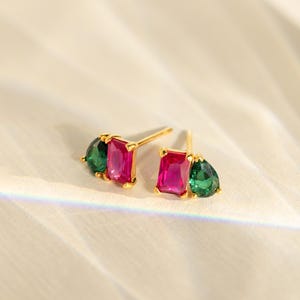 Toi et Moi Birthstone Earrings by Caitlyn Minimalist • Dainty Emerald & Teardrop Stud Earrings • Personalized Jewelry • Gift for Mom • CM93