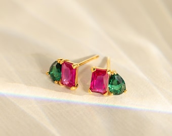 Toi et Moi Birthstone Earrings by Caitlyn Minimalist • Dainty Emerald & Teardrop Stud Earrings • Personalized Jewelry • Gift for Mom • CM93