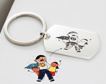 BEST FATHER GIFT • Kid Drawing Keychain • Engraved Baby Artwork Charm • Personalized Children Drawing Dogtag Keychain • Grandpa Gift • CM26