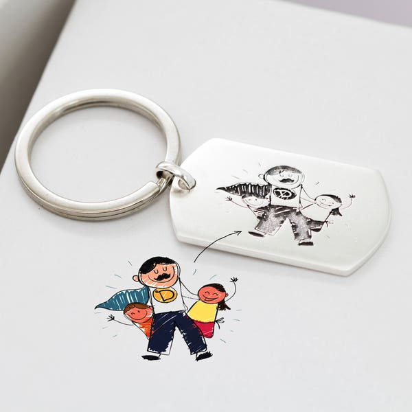 BEST FATHER GIFT • Kid Drawing Keychain • Engraved Baby Artwork Charm • Personalized Children Drawing Dogtag Keychain • Grandpa Gift • CM26