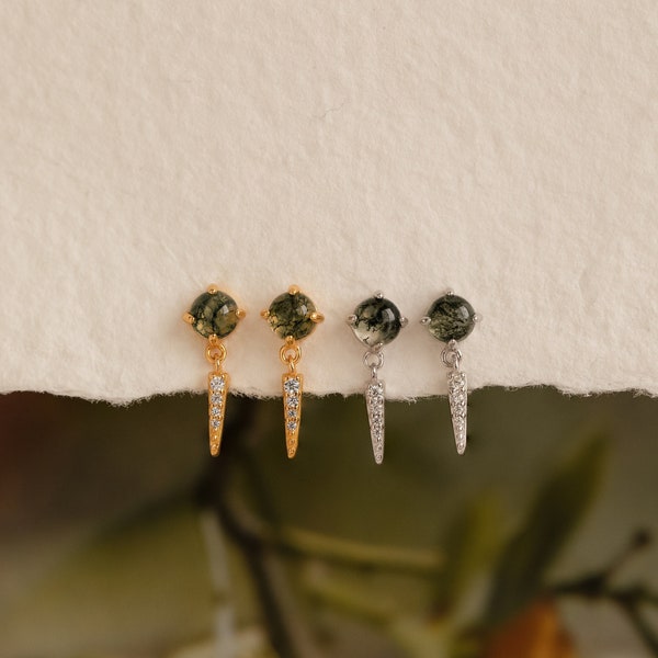 Agate Drop Earrings by Caitlyn Minimalist • Dangling Dagger Earrings • Diamond Stud Earrings • Green Crystal Jewelry • Gift for Her • ER377