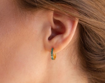 Green Opal Inlay Hoops by Caitlyn Minimalist • 10mm Opal Huggie Earrings • Dainty Jewelry • Perfect for Everyday Wear • ER350