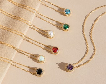 Halo Birthstone Necklace by Caitlyn Minimalist • Vintage Gemstone Pendant Necklace • Statement Birthstone Jewelry • Gifts for Mom • NR133