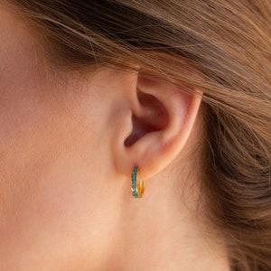 Green Opal Inlay Hoops by Caitlyn Minimalist • 10mm Opal Huggie Earrings • Dainty Jewelry • Perfect for Everyday Wear • ER350