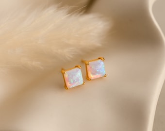 Princess Cut Opal Earrings by Caitlyn Minimalist • Vintage Style Statement Stud Earrings • Opal Gemstone Jewelry • Birthday Gift • ER418