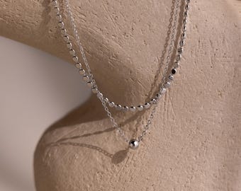 Double Layered Necklace by Caitlyn Minimalist • Beaded Charm Necklace • Dainty Silver Necklaces • Trendy Jewelry Set • Birthday Gift • NR009