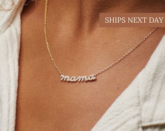 Pave Mama Script Necklace by Caitlyn Minimalist in Sterling Silver, Gold & Rose Gold • Perfect Gift for Mom • Mothers Day Gifts • NR010