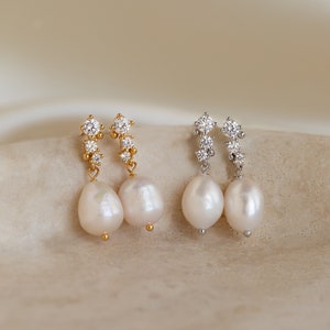 Dangling Pearl Diamond Earrings by Caitlyn Minimalist Dainty Pearl Drop Earrings Vintage Wedding Jewelry Bridesmaid Gift ER344 image 1