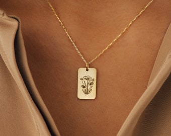 Birth Flower Necklace with Box Chain by Caitlyn Minimalist • Engraved Floral Pendant Necklace • Personalized Birthday Gift • NM74