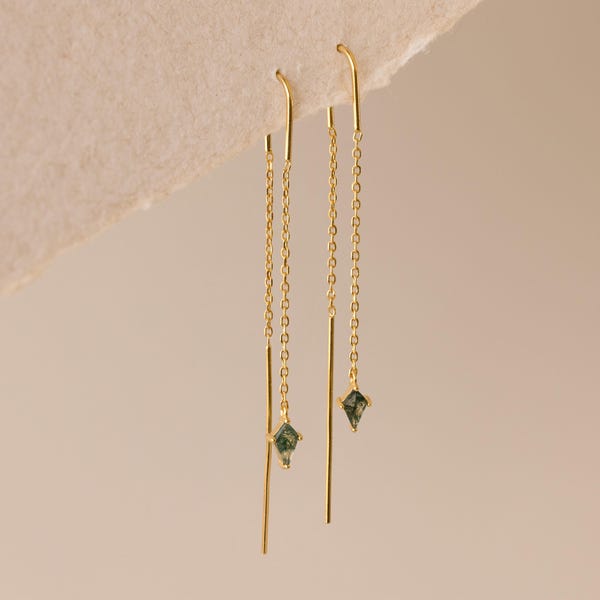 Agate Kite Threader Earrings by Caitlyn Minimalist • Minimalist Dangle Chain Earrings • Green Gemstone Jewelry • Girlfriend Gift • ER671