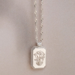 Custom Birth Flower Necklace by Caitlyn Minimalist • Engraved Floral Necklace in Arch or Rectangle Charms • Silver Jewelry • Gift for Her
