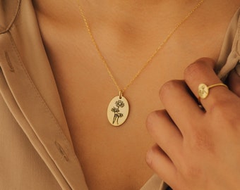 Oval Geburtsblumen Halskette von Caitlyn Minimalist • Personalisierte Geburtsblumen Anhänger Halskette • NM48b