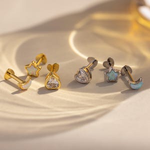 Celestial Flat Back Earring Set by Caitlyn Minimalist • Dainty Moon, Star, & Heart Stud Earrings • Opal Jewelry • Best Friend Gift • ER624