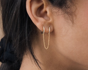 Minimalist Pave Duo Chain Earring • Diamond Huggie Chain Earring in Gold and Sterling Silver • Trendy Ear Chain Earrings • ER102