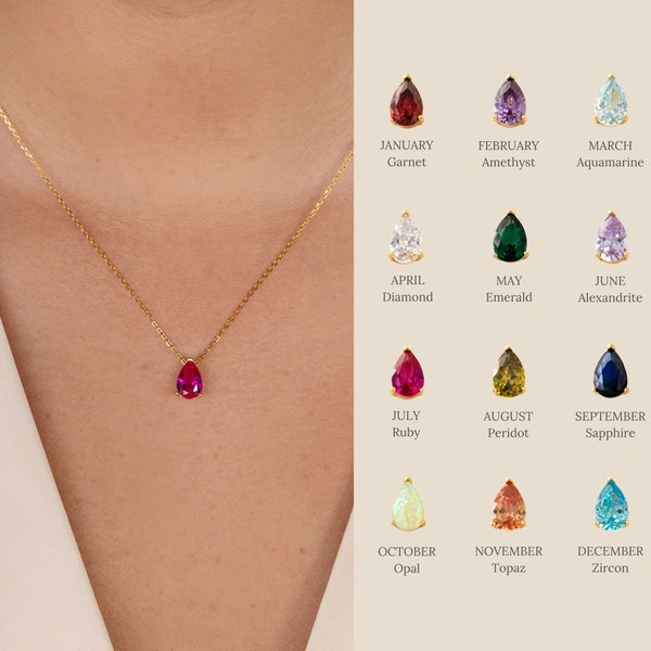 Collar personalizado con piedra natal de Caitlyn Minimalist • Collar con gema en forma de lágrima • Joyería con piedra natal • Regalos personalizados para el Día de la Madre • NR117