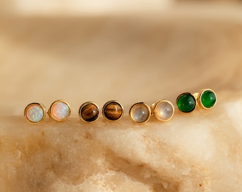 Round Gemstone Studs by Caitlyn Minimalist • Vintage Style Stud Earrings in Jade, Opal, Labradorite & Tigers Eye • Anniversary Gift • ER442