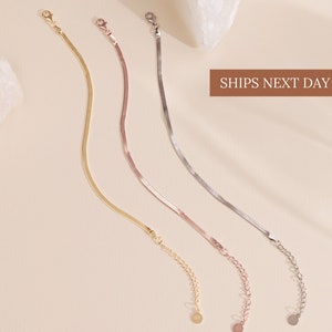 Herringbone Anklet in Sterling Silver, Gold, Rose Gold • Dainty, Perfect for Everyday Wear • Perfect Gift for Her • BR008
