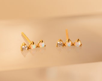 Opal Bar Stud Earrings by Caitlyn Minimalist • Dainty Ear Climber Earrings with Diamond Gemstone • Opal Jewelry • Bridal Shower Gift • ER416