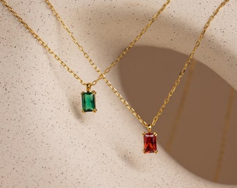 Custom Emerald Birthstone Necklace by Caitlyn Minimalist • Personalized Baguette Necklace in Gold • Gemstone Jewelry • Gift for Her • NM141