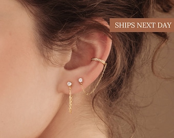 Ear Cuff Chain Earrings • Minimalist Chain Diamond Studs • Perfect Minimalist Earrings • Bridesmaid Gifts • ER006