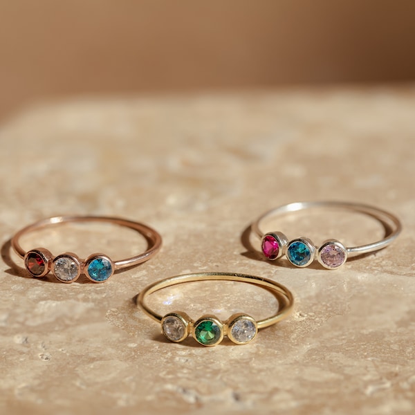 Birthstones Ring • 3 Stone Ring • Personalize Birthstone Gift for Mom • Triple Birthstone Ring • Three Diamond Engagement Ring • RH07