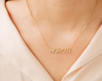 Custom Crystal Nameplate Diamond Name Necklace Tiny Women Pendant Gold Gift For Her Name Necklace CZ Zircon Gemstones Dainty Raw Gem