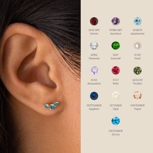 Birthstone Trio Studs by Caitlyn Minimalist • Everyday Stacking Earrings with Custom Birthstone • Minimalist Jewelry • Mom Gift • ER232