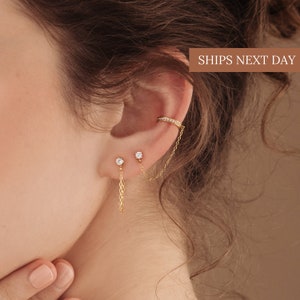Ear Cuff Chain Earrings • Minimalist Chain Diamond Studs • Perfect Minimalist Earrings • Bridesmaid Gifts  • ER006
