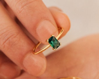 Emerald Solitaire Ring by Caitlyn Minimalist • Vintage Emerald Diamond Engagement Ring • Statement Art Deco Jewelry • Gift for Her • RR086