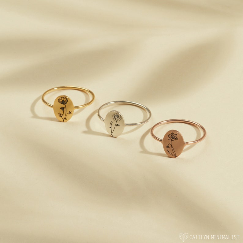 Dainty Flower Ring Custom Signet Ring Birth Flower Ring Flower Jewelry Summer Jewelry Bridesmaid Gifts RM52a image 8