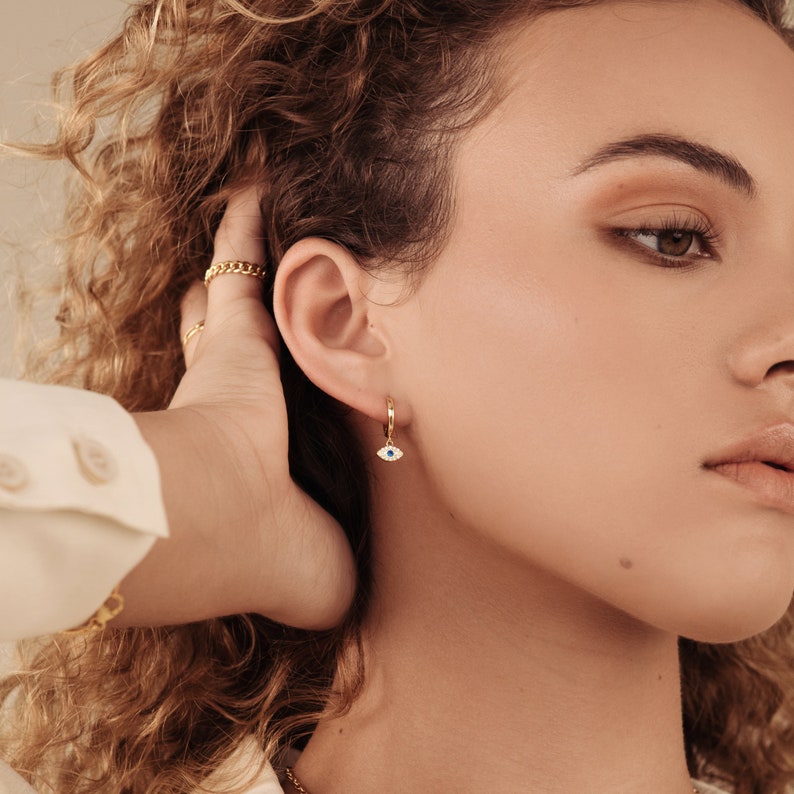 IRIS Huggie Hoop Earrings by Caitlyn Minimalist \u2022 Evil Eye Jewelry \u2022 Dainty Eye Earrings \u2022 Protection Jewelry \u2022 ER003