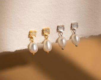 Moonstone Pearl Drop Earrings by Caitlyn Minimalist • Dangling Gemstone Stud Earrings • Bridal Jewelry • Perfect Gift for Mom • ER458