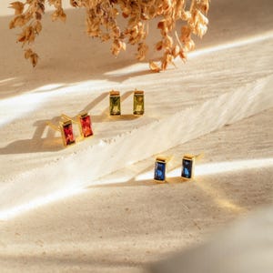 Custom Birthstone Baguette Earrings by Caitlyn Minimalist • Dainty Gemstone Stud Earrings in Gold • Personalized Gift for Mom • ER296