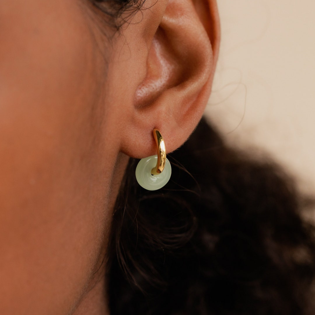 Jade Hoop Earrings by Caitlynminimalist Green Jade Huggie Earrings Gold Hoop Earrings Best