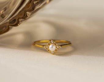 Vintage Inspired Pearl & Diamond Ring by Caitlyn Minimalist • Dainty Engagement Ring • Bridal Jewelry • Anniversary Gift for Her • RR102
