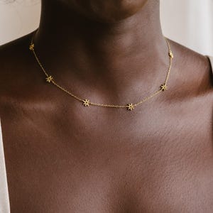 Puede incluir: Un collar de tono dorado que presenta una cadena delicada adornada con pequeños dijes de flores de seis pétalos espaciados uniformemente. La cadena metálica descansa sobre el cuello, mostrando el motivo floral repetitivo integrado.