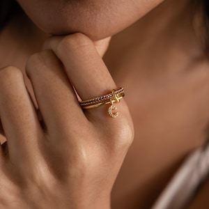 Linked Initial Birthstone Ring Set by CaitlynMinimalist • Custom Stacking Rings with Pave Initial • Gemstone Jewelry • Gift for Her • RM208