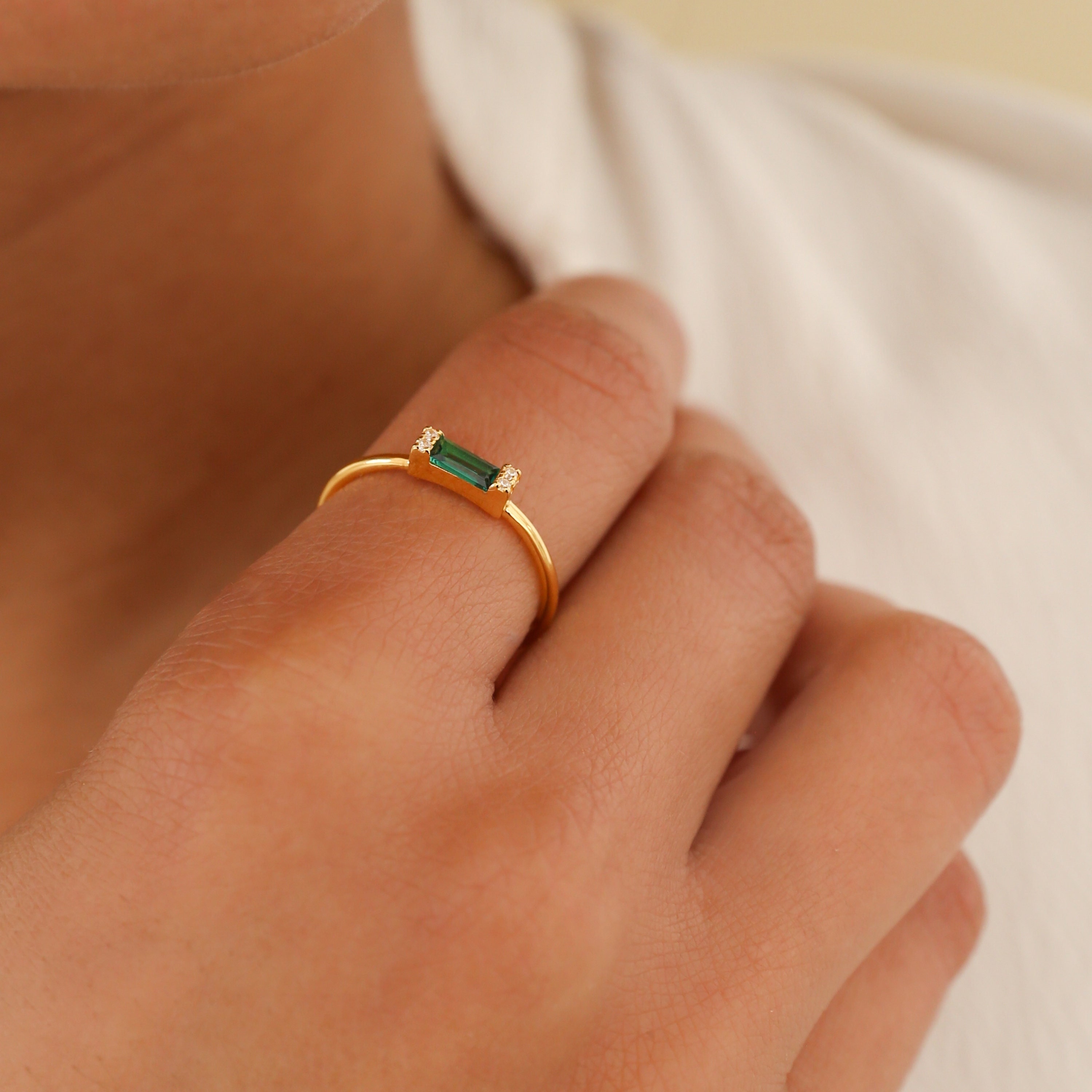 Emerald Baguette Ring by Caitlyn Minimalist • Delicate Green Crystal Promise Ring for Girlfriend • Romantic Anniversary Gift • RR055