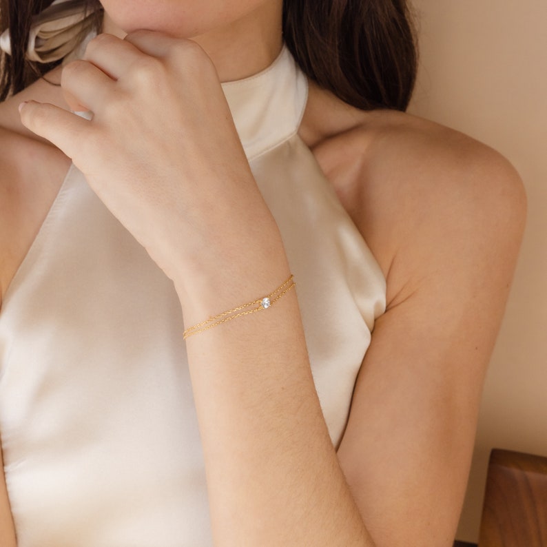 Double Chain Diamond Bracelet by Caitlin Minimalist Dainty Minimalist Bracelet, Perfect for Everyday Wear Anniversary Gift BR037 image 3