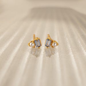 Pearl Aquamarine Stud Earrings by Caitlyn Minimalist • Light Blue Gemstone Earrings • Wedding Jewelry • Anniversary Gift for Wife • ER580