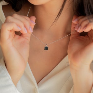 Black Pendant Necklace by Caitlyn Minimalist Statement Black Enamel Square Charm with Satellite Chain Gift for Her NR106 image 9