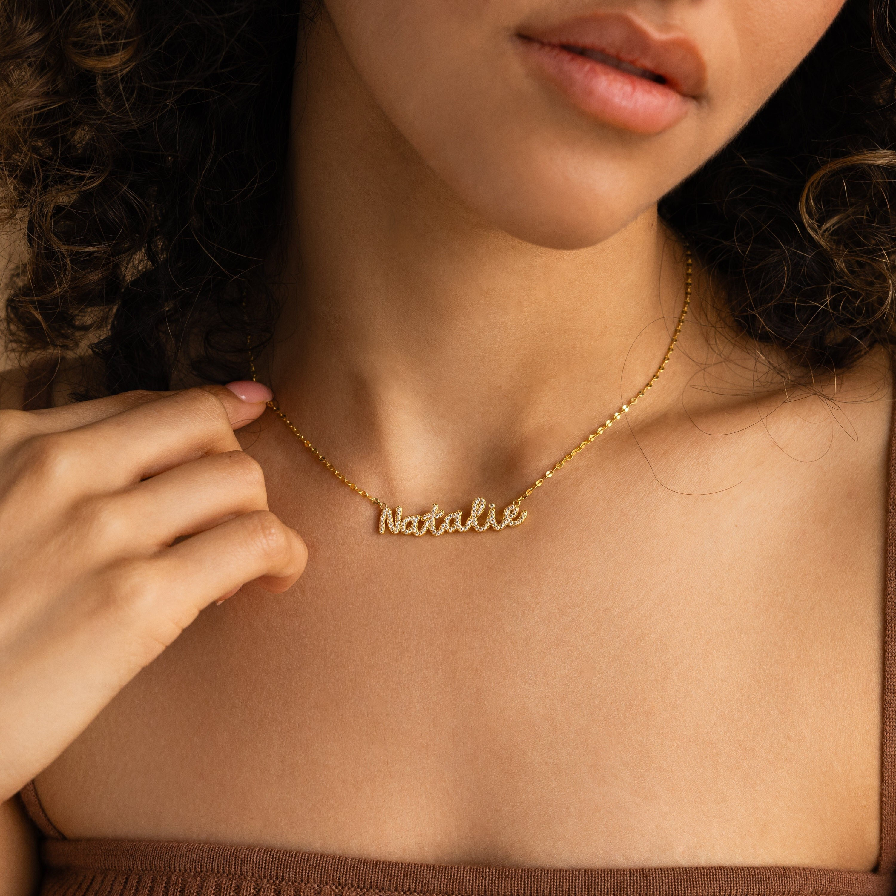 Dainty Pave Name Necklace by Caitlyn Minimalist • Diamond Nameplate Necklace on Mirror Chain • Personalized Jewelry • Mom Gift • NM160F106