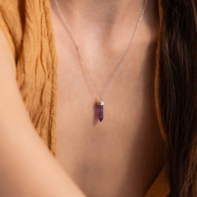 Amethyst Quartz Pendant Necklace by Caitlyn Minimalist Purple Crystal Necklace Amethyst Charm Jewelry Gift for Sister NR191 STERLING SILVER