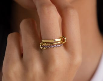 Linked Triple Birthstone Ring Set by Caitlyn Minimalist • Set of 3: Gemstone Stacking Rings • Unique Jewelry • Birthday Gift for Her • RM206